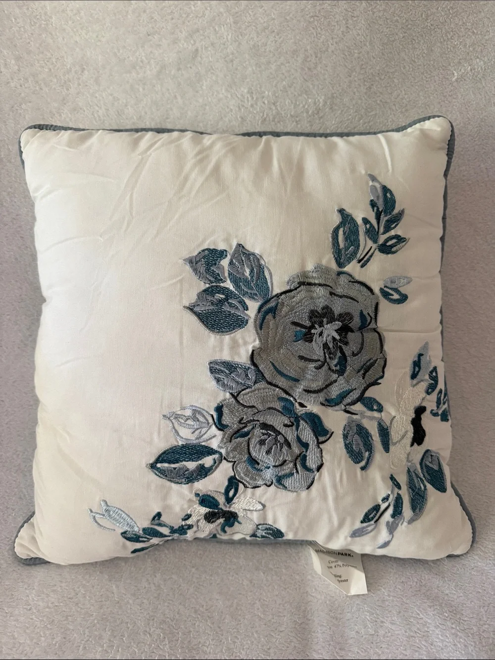 Madison Park Cream Throw Pillow with Blue and Gray Floral Embroidery